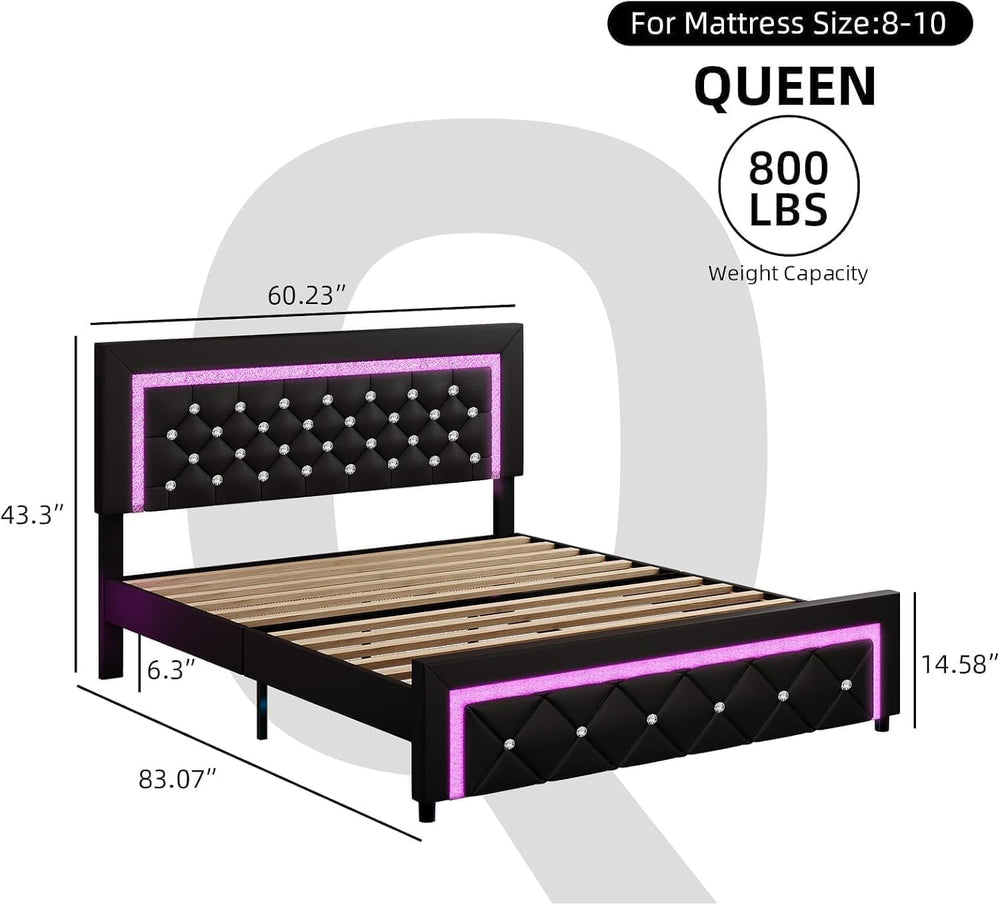 BarnFurin Queen Bed Frame with LED Lights, Diamond Tufted Headboard, Black