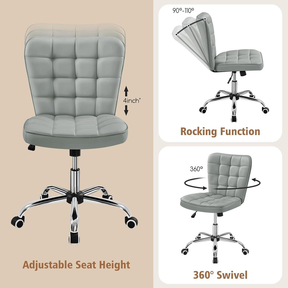 Yaheetech Light Gray Tufted Armless Desk Chair with Wheels, Faux Leather