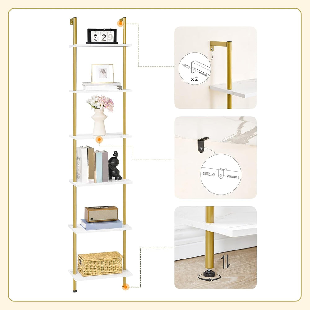 HOOBRO DIY Ladder Shelf, 6-Tier Wooden Wall Mounted Bookshelf, Narrow Gold Bo...