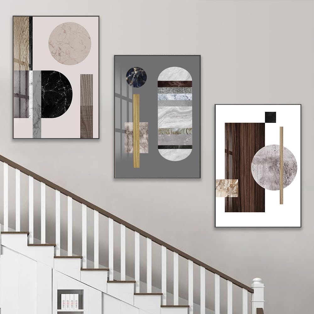 QKF 3Pcs Marble Wood Grain Geometric Crystal Framed Canvas Wall Art Decor