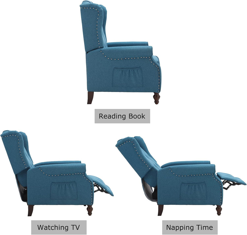 Wingback Chair, Push Back Recliner Armchair, Blue, Single