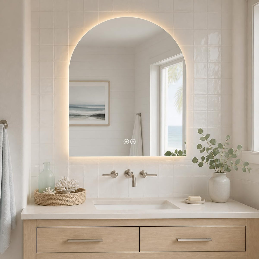 LAIYA 40 x 30 Inch Arched LED Bathroom Mirror, Frameless, Backlit, Anti-Fog