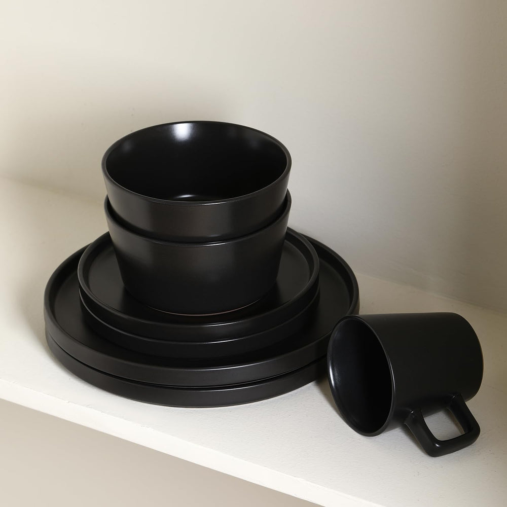 Stone Lain Celina Stoneware 16 Piece Dinnerware Set, Plates and Bowls, Black ...