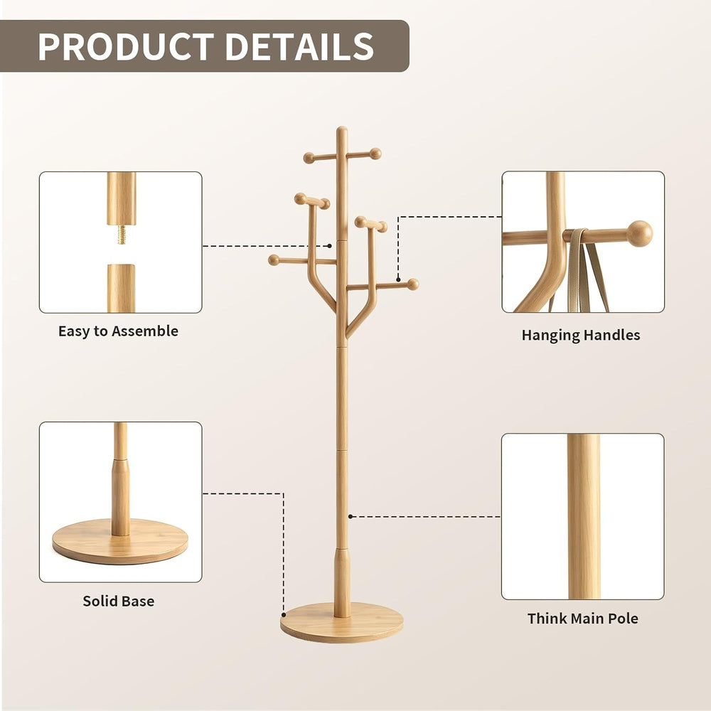 Solid Wood Coat Rack Freestanding Coat Tree Rack with 8 Hooks, Creative Styli...