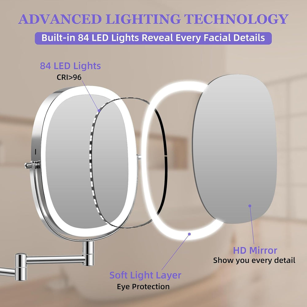 FUNTOUCH 5000mAh Rechargeable Wall Mounted Lighted Makeup Mirror, Chrome