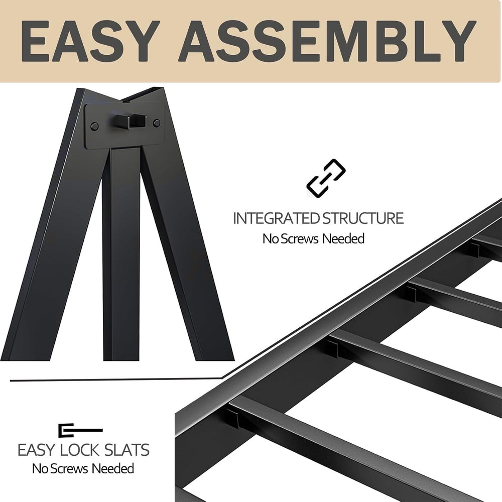 14 Inch Metal Queen Bed Frame with Storage, Black, No Box Spring