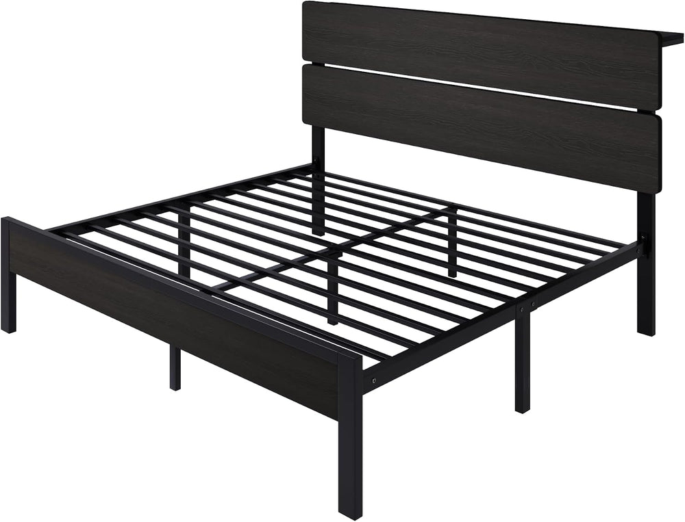 SHA CERLIN King Size Bed Frame, Led Light, Charging Station, Storage Shelf