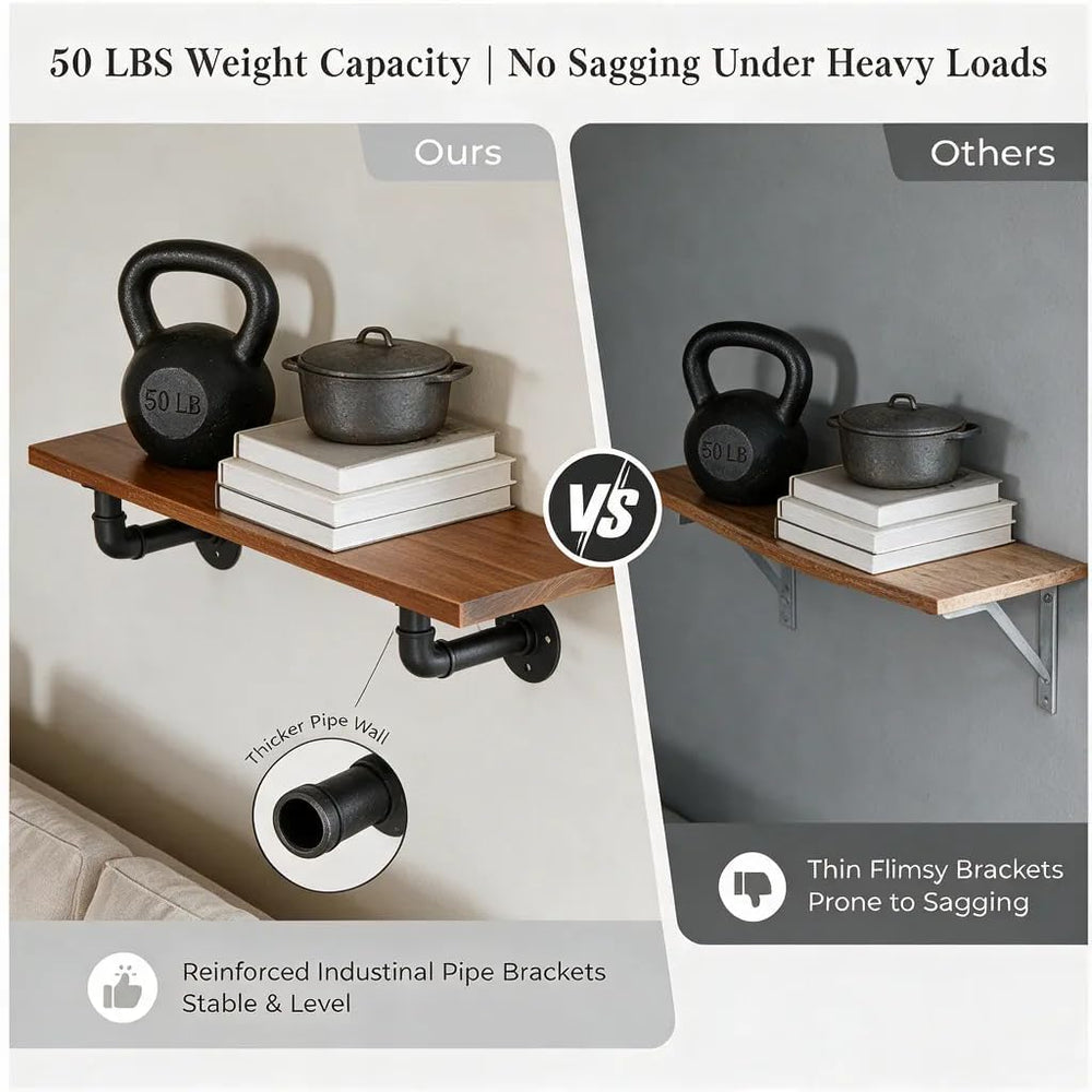 IEO Industrial Pipe Shelving 48 Inch, 2-Tier Walnut Wall Mounted Shelves