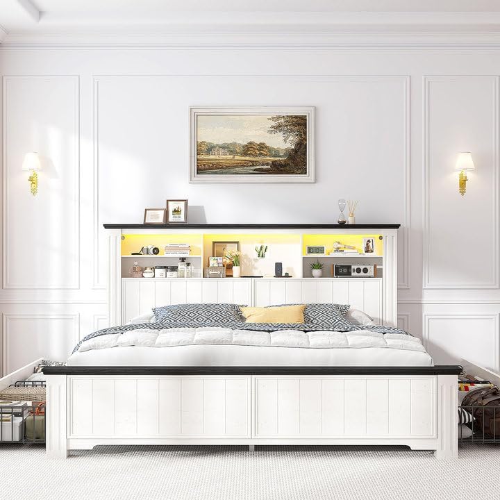 EnHomee Queen Bed Frame with Headboard and Storage,4 Drawers,White