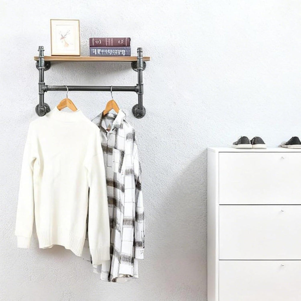 Industrial Pipe Clothing Rack With Shelves,Wall Mounted Clothes Rack 24In