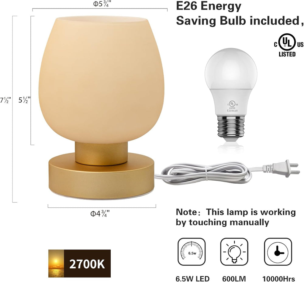 Touch Bedside Table Lamp - Desert Titanium Color Glass Lamp Shade, Warm LED B...