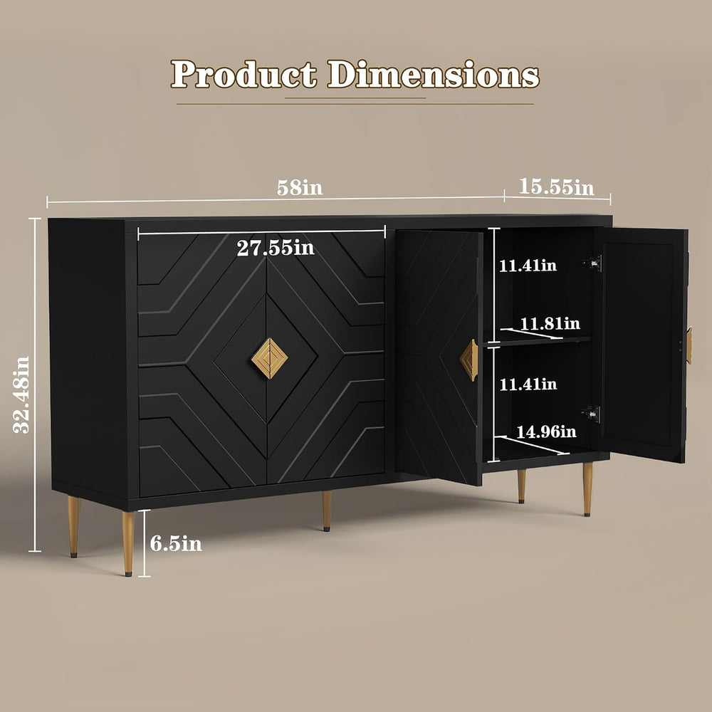 HLR 58'' Modern Sideboard Buffet Storage Cabinet with 4 Doors, Black