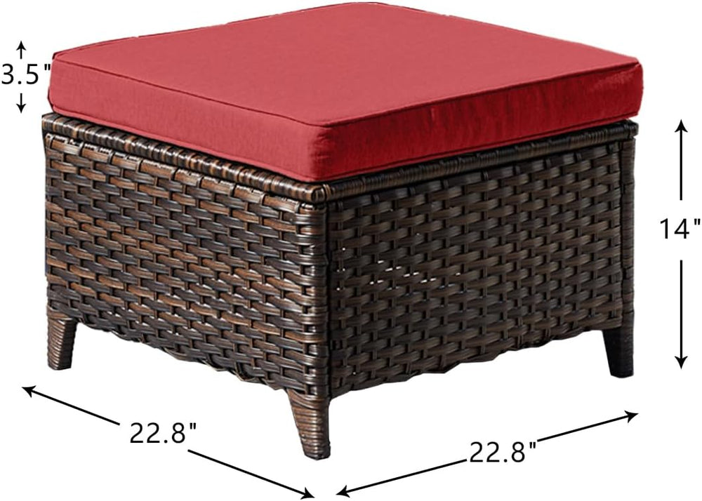 HUMMUH 4 Piece Wicker Patio Swivel Rocker & Ottoman Set, Brown/Red