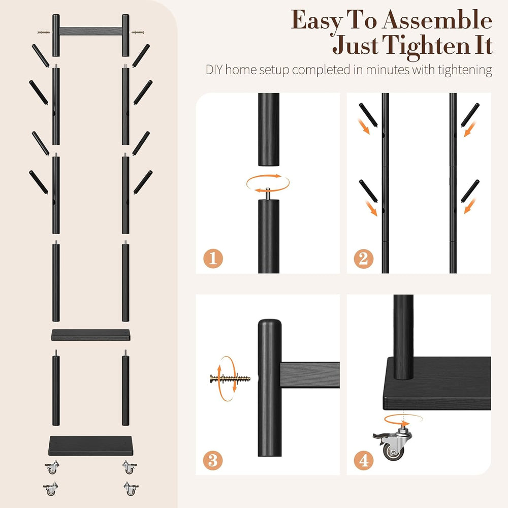 Yoobure Solid Wood Coat Rack Freestanding - Rolling Clothes Rack with 8 Hooks...