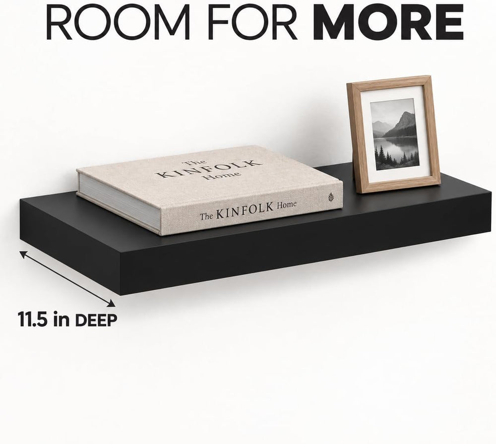 WELLAND 24" Black Floating Shelf for Wall, 12" Deep Bookshelf &...