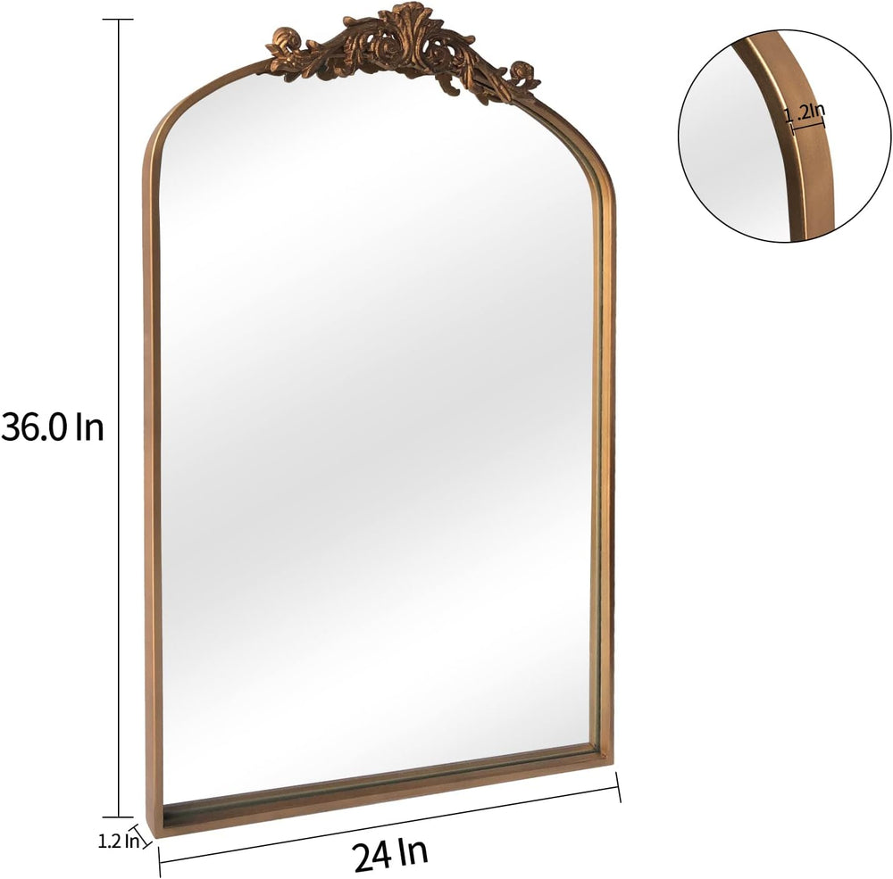 HQiJun Antique Gold Arched Baroque Mirror 24x36 - Brass Finish Metal Frame, I...