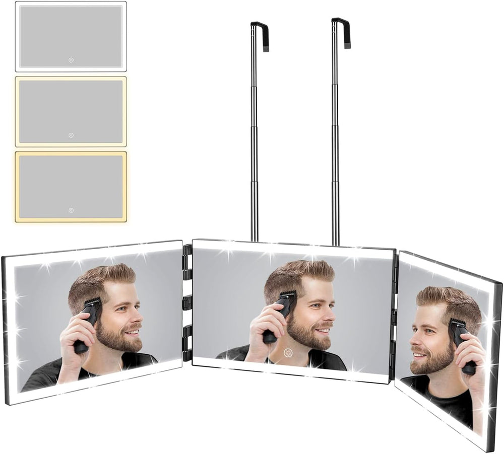 XIGETRAIL Rechargeable 3 Way Mirror for Hair Cutting with 8 Light Strips