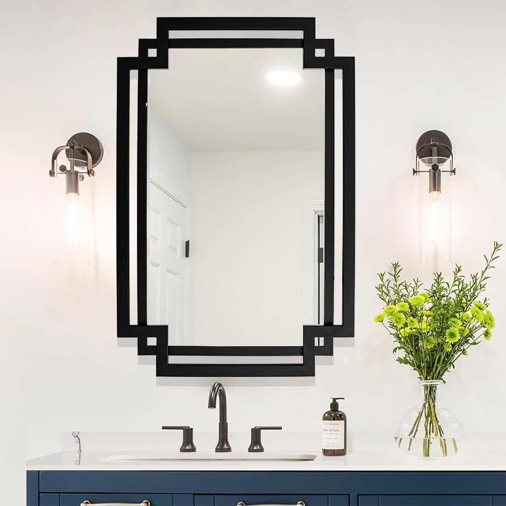 Large Black Mirror for Wall Decor with Metal Pipe Frame, 24" x 36"