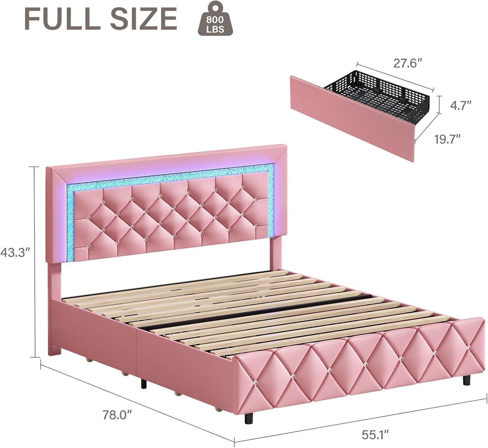 BarnFurin Full Size Bed Frame with LED Headboard and Storage Drawers,Pink