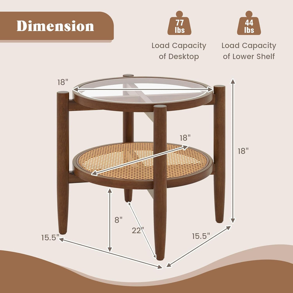 GIANTEX Rattan Round End Table Set of 2, Walnut Boho Nightstand with Tempered...