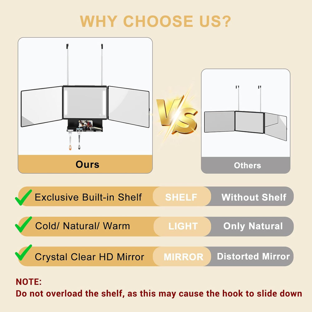 Dripex 3 Way Mirror with Lights & Storage Shelf, Trifold Haircut 360 Mirror