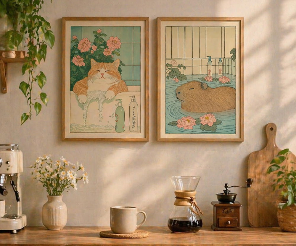 Framed Japanese Bathroom Wall Art Set of 2 Funny Cat & Capybara Bath Print