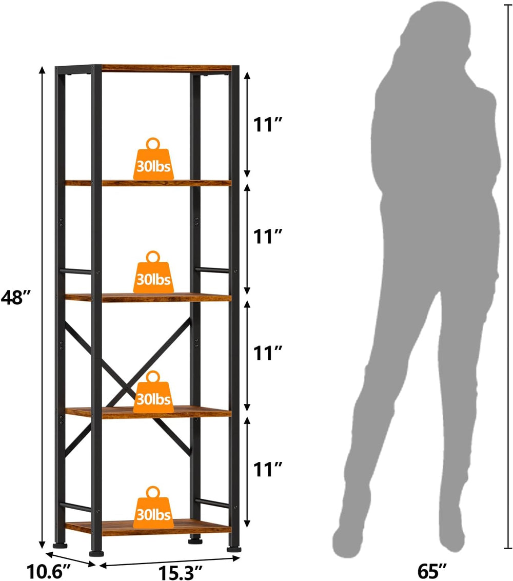 Furologee 5 Tier Bookshelf, Narrow Bookcase, Metal Book Shelf, Rustic Brown