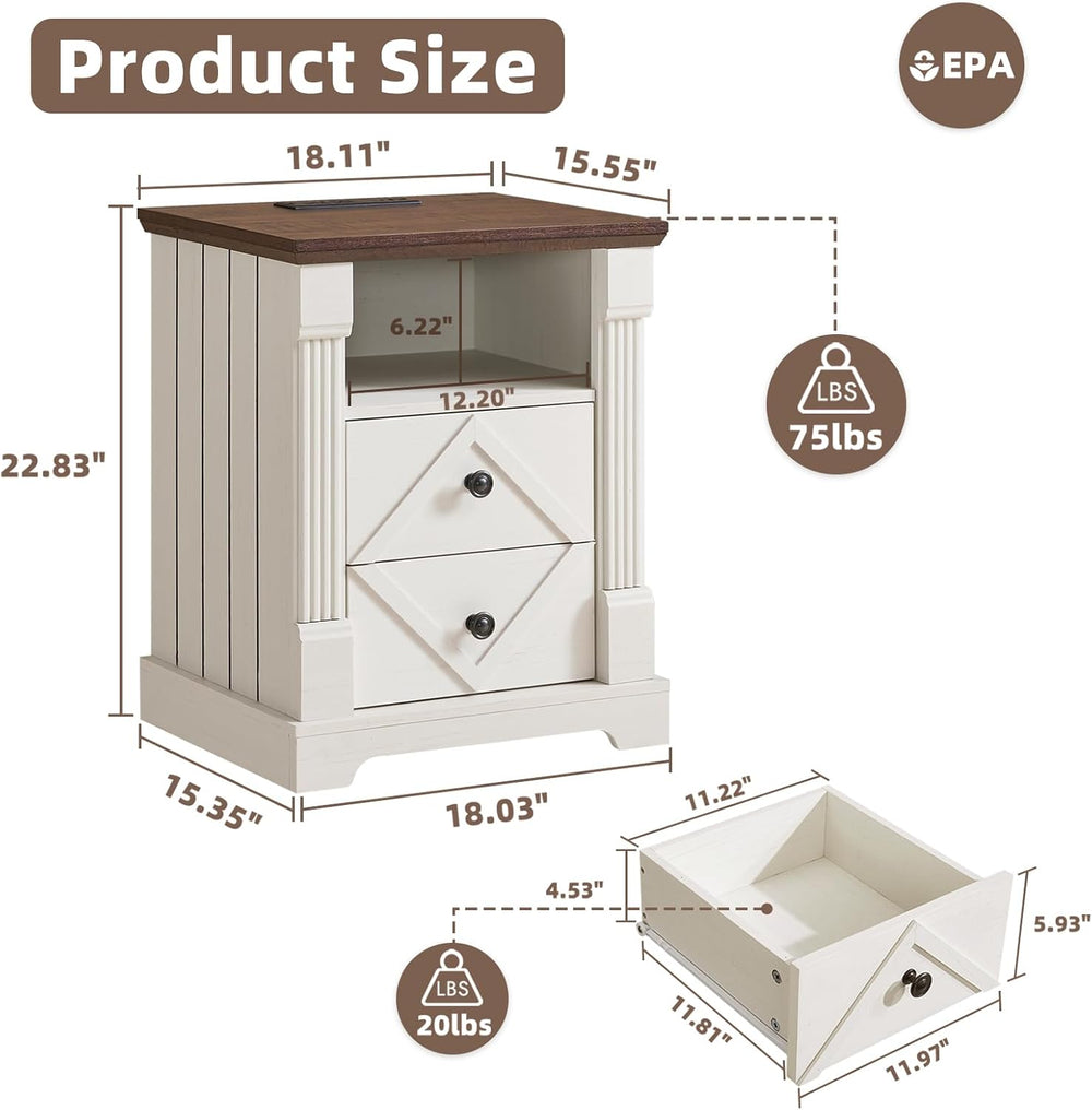 BuildHom 18" Farmhouse Nightstand Set of 2 with Charging Station, White