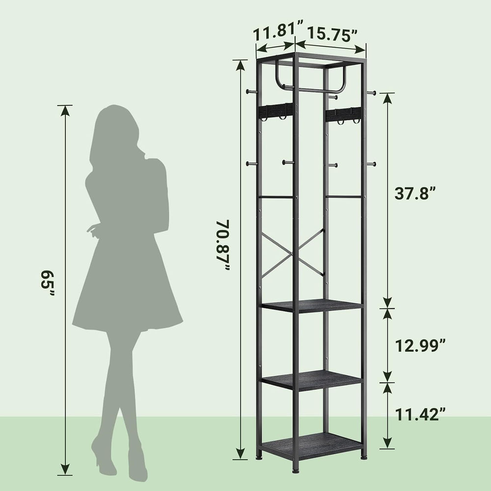 ELYKEN Coat Rack Freestanding, Hall Tree with 3 Shelves and 12 Hooks, Black