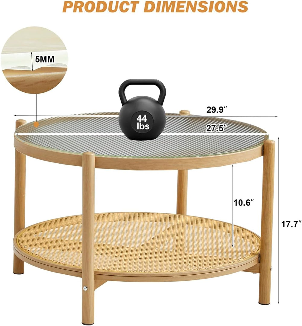 COSVALVE 27.5" Boho Rattan Coffee Table, Round Glass Metal Center Table