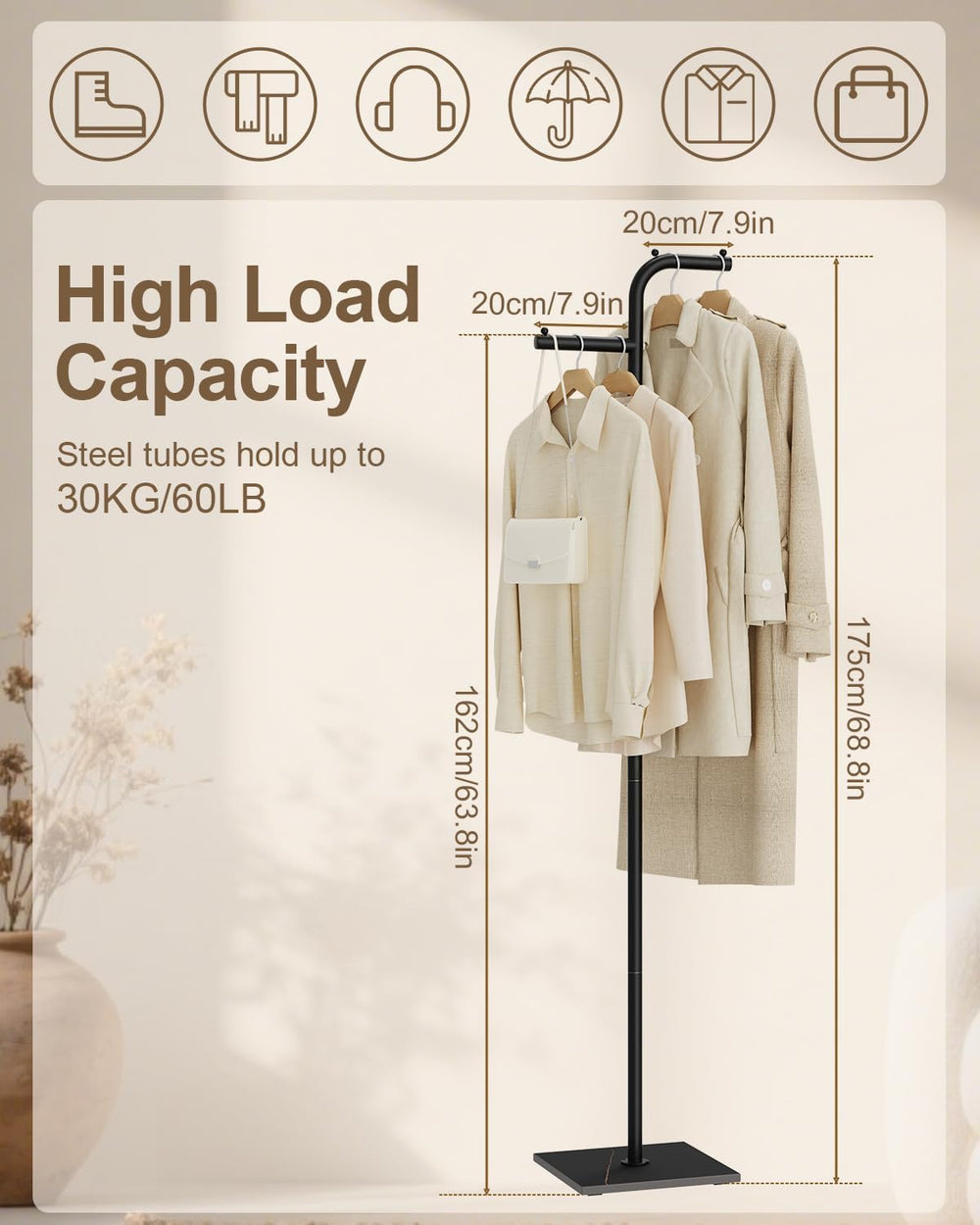 Coat Rack Freestanding, Small Clothes Rack, Black, 68.9 In High