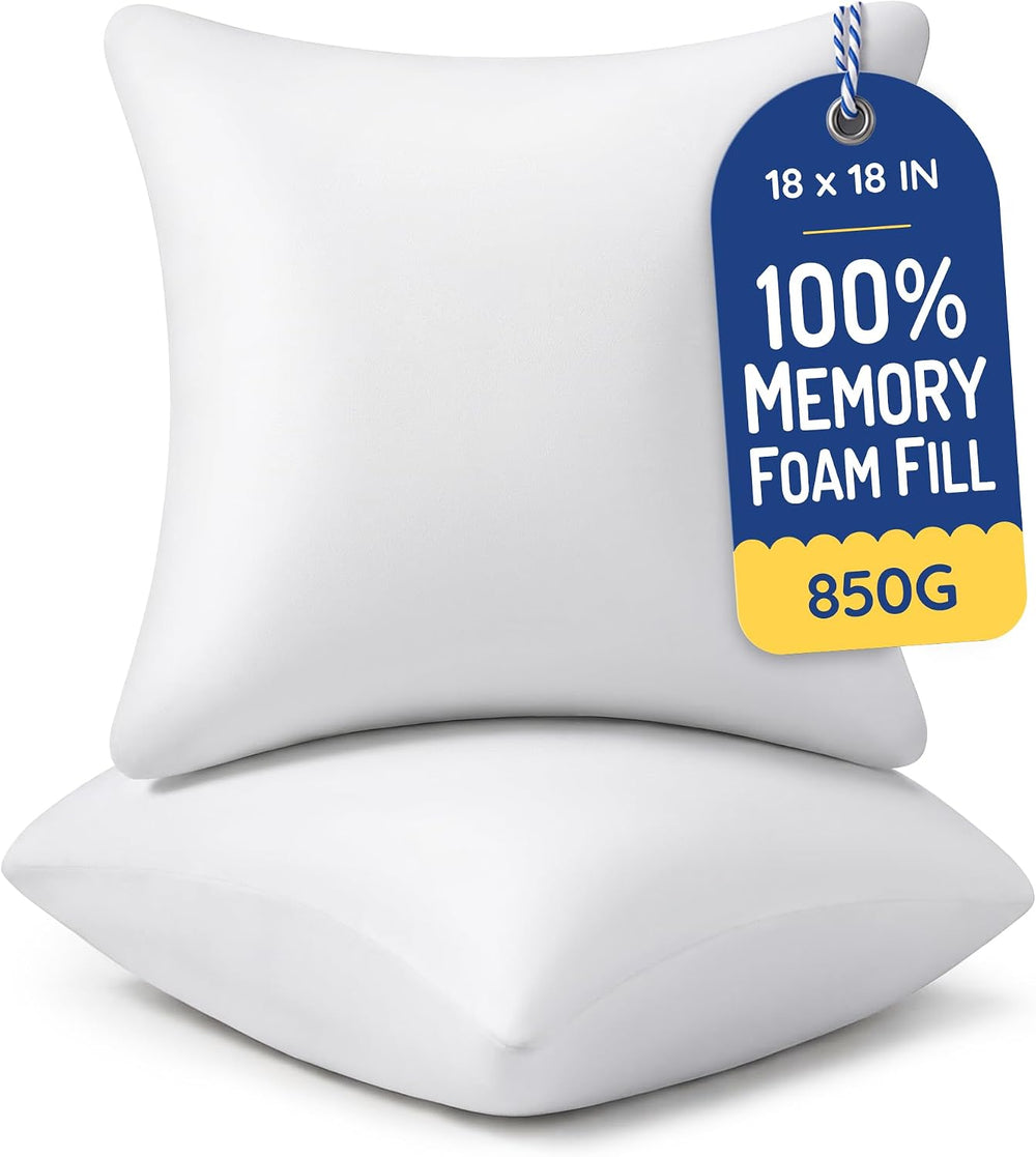 AM AEROMAX 18x18 Memory Foam Throw Pillow Inserts, 2 Pack, Square, White