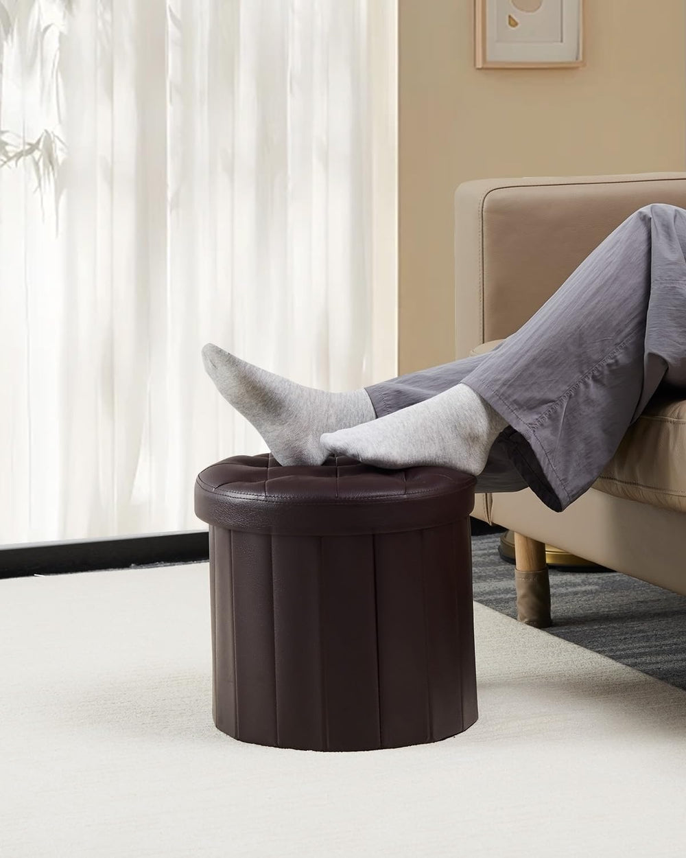 Bsketa Round Storage Ottoman, 14" Folding Leather Foot Rest, Brown 2 Pack