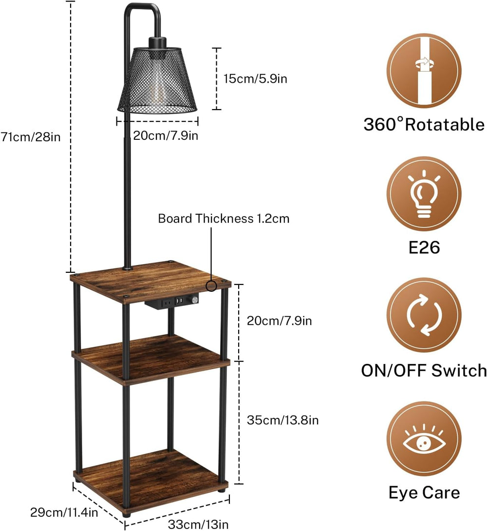 Floor Lamp with Table and Shelves, Side Table with USB Charging Port and Outl...