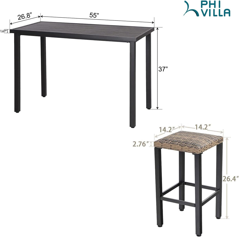 PHI VILLA 5 Piece Outdoor Patio Bar Set, Wicker, Bar Height