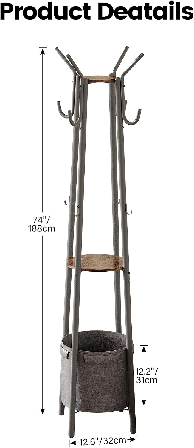 Homeiju Coat Rack with Storage Basket & 12 Hooks, Freestanding Heavy Duty...