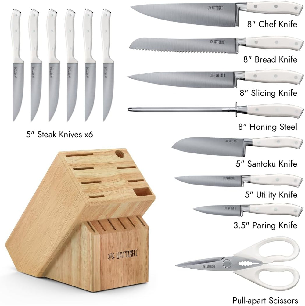 Yatoshi 15 Piece White Knife Block Set - Pro Kitchen Knife Set Ultra Sharp Hi...