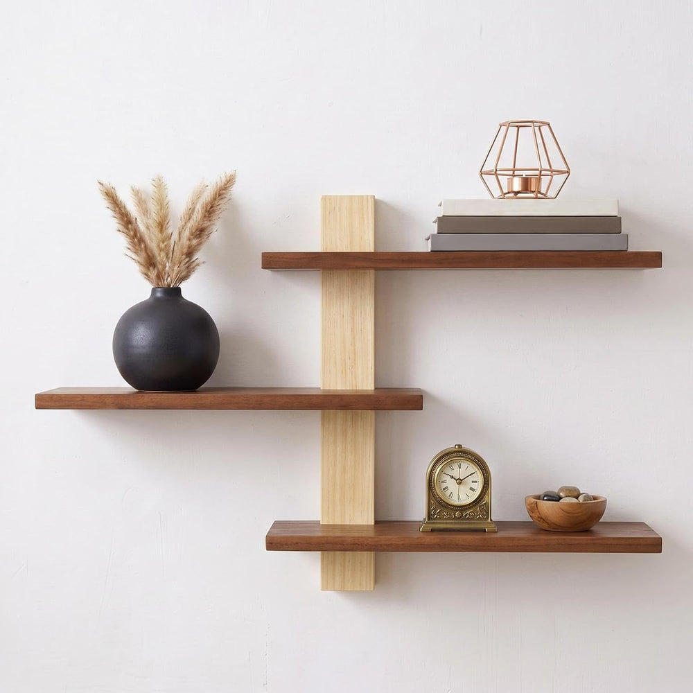 Pinkunn 2 Pack Floating Wall Shelf Mid Century Decor, Natural Wood, 3 Tier
