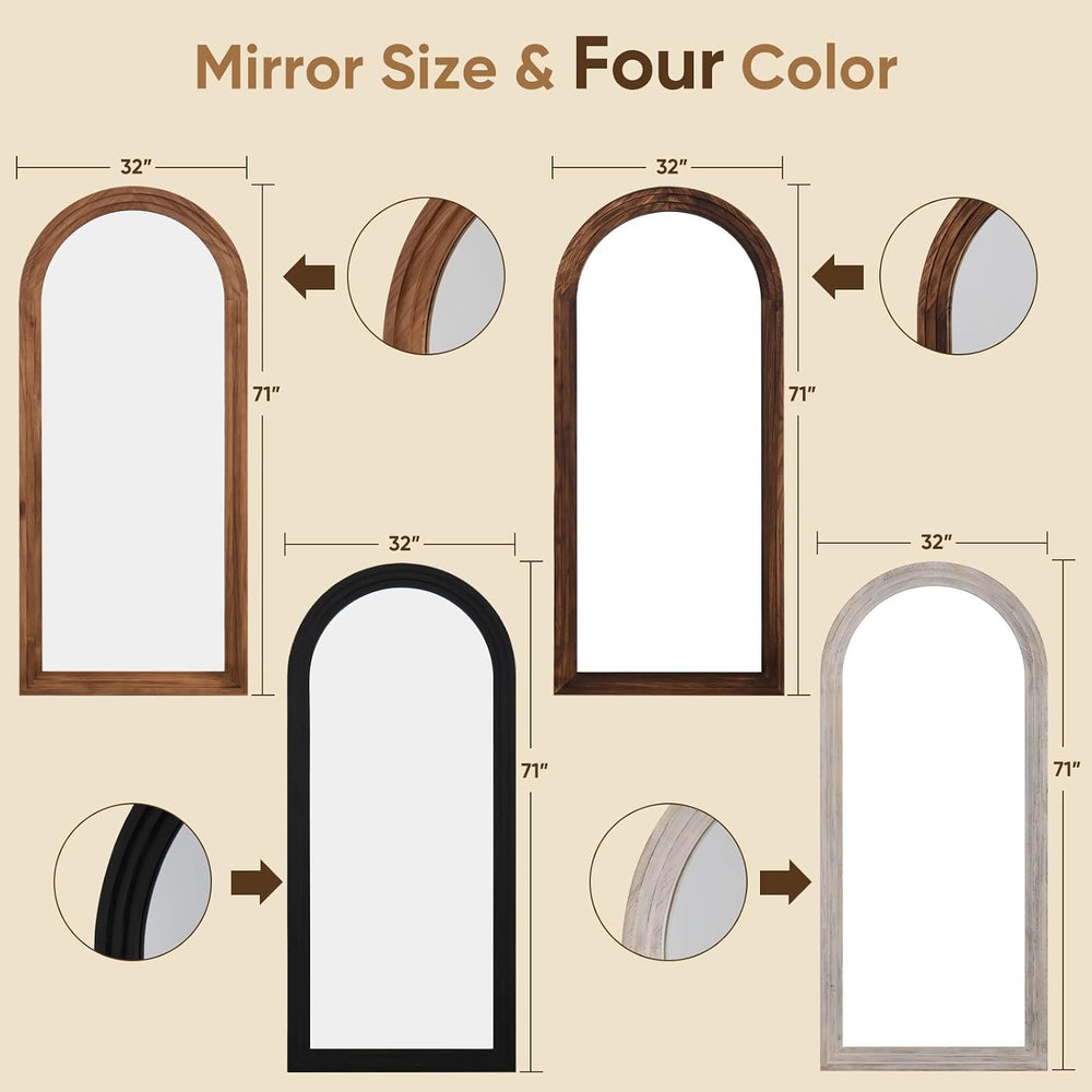 Full Length Mirror 71"x32", Arched Solid Wood Frame with Stand