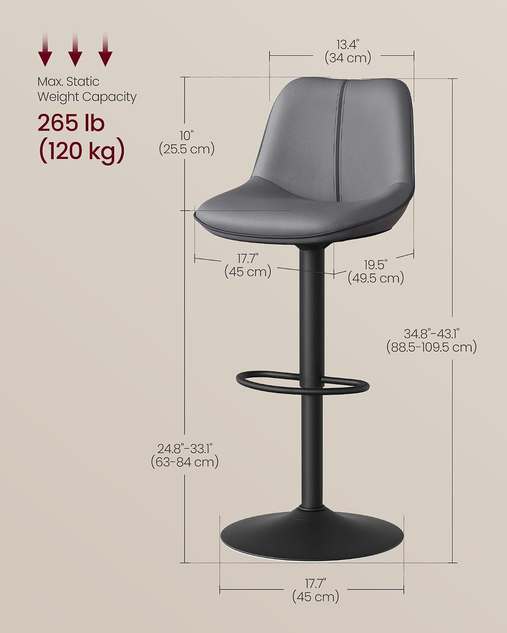 VASAGLE Bar Stools Set of 2, Swivel, Adjustable Height, Spliced Design