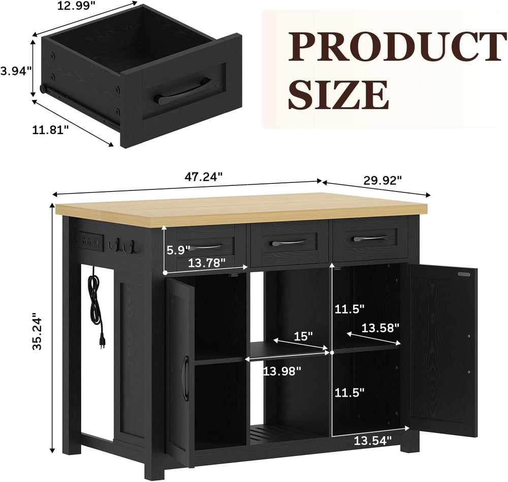 knoworld 47" Kitchen Island with Storage for Kitchen Dining Room, Black