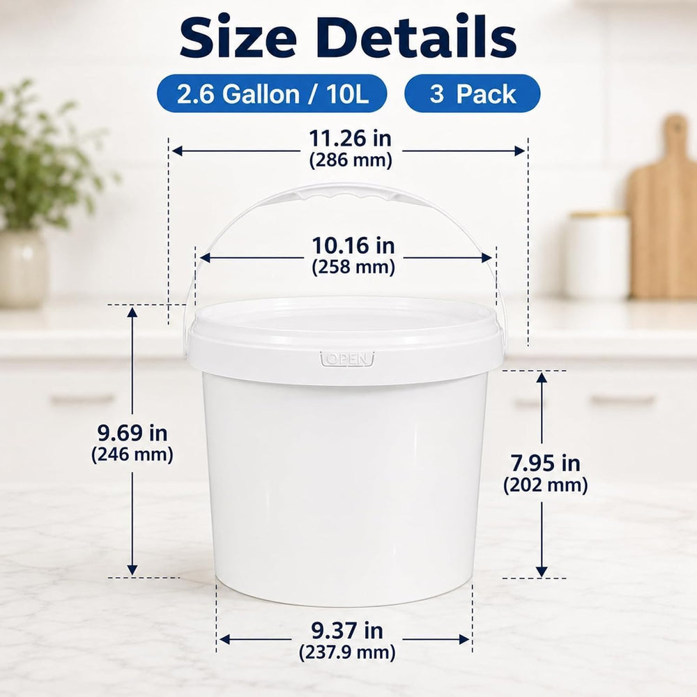 DEMORA 3 Pack 2.6 Gallon Food Grade Storage Buckets with Lids, White