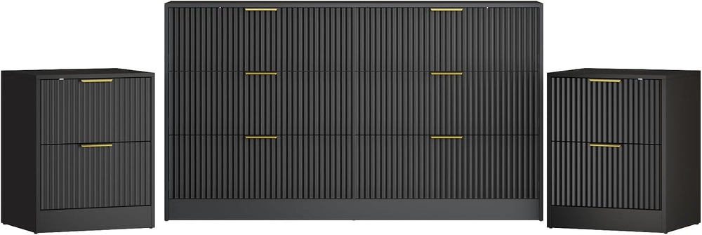 3-Piece Modern Bedroom Furniture Set, Black丨6-Drawer Dresser & 2-Drawer N...