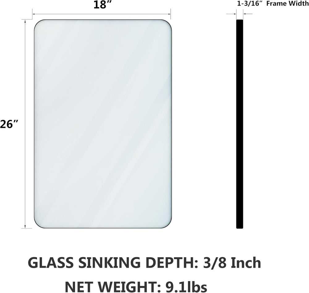 VocalStar Black Bathroom Mirror for Wall, 18 x 26 Inch Rounded Rectangle Meta...
