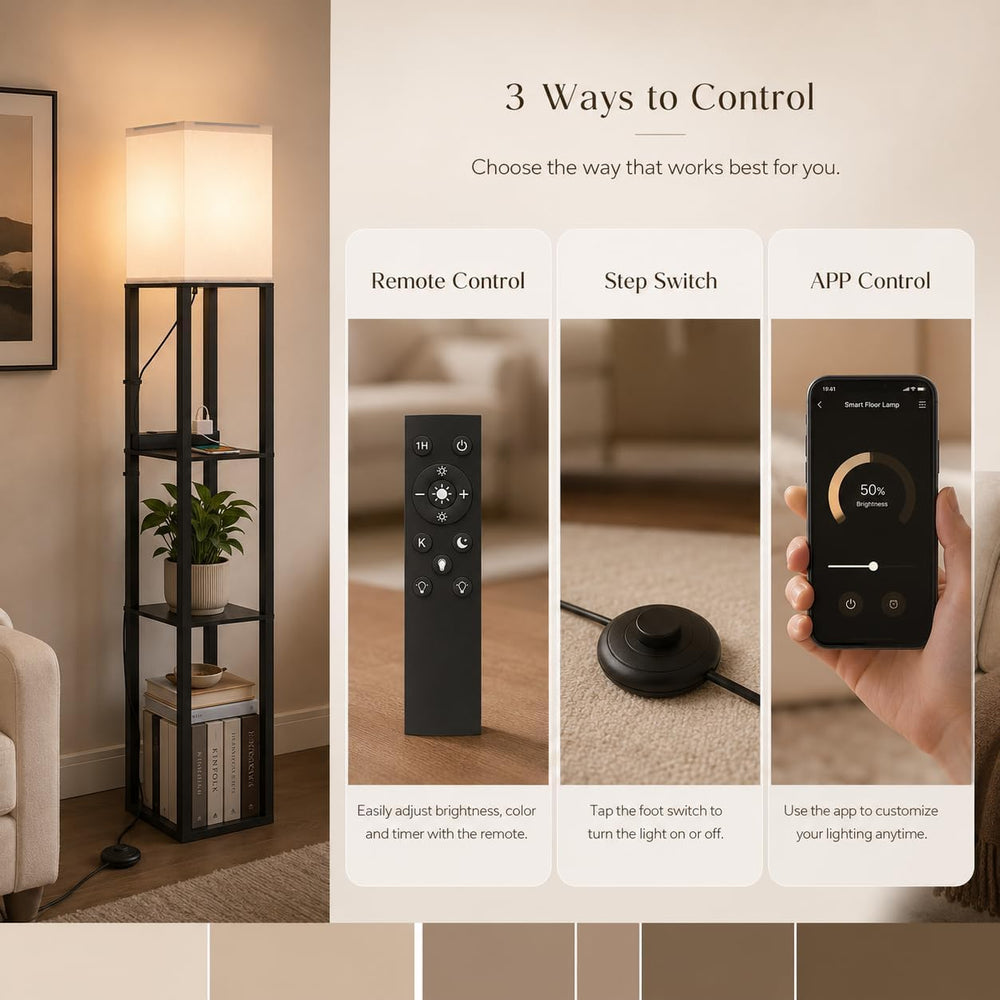 Solid Wood Floor Lamp with Shelves, Dimmable, Remote, for Living Room