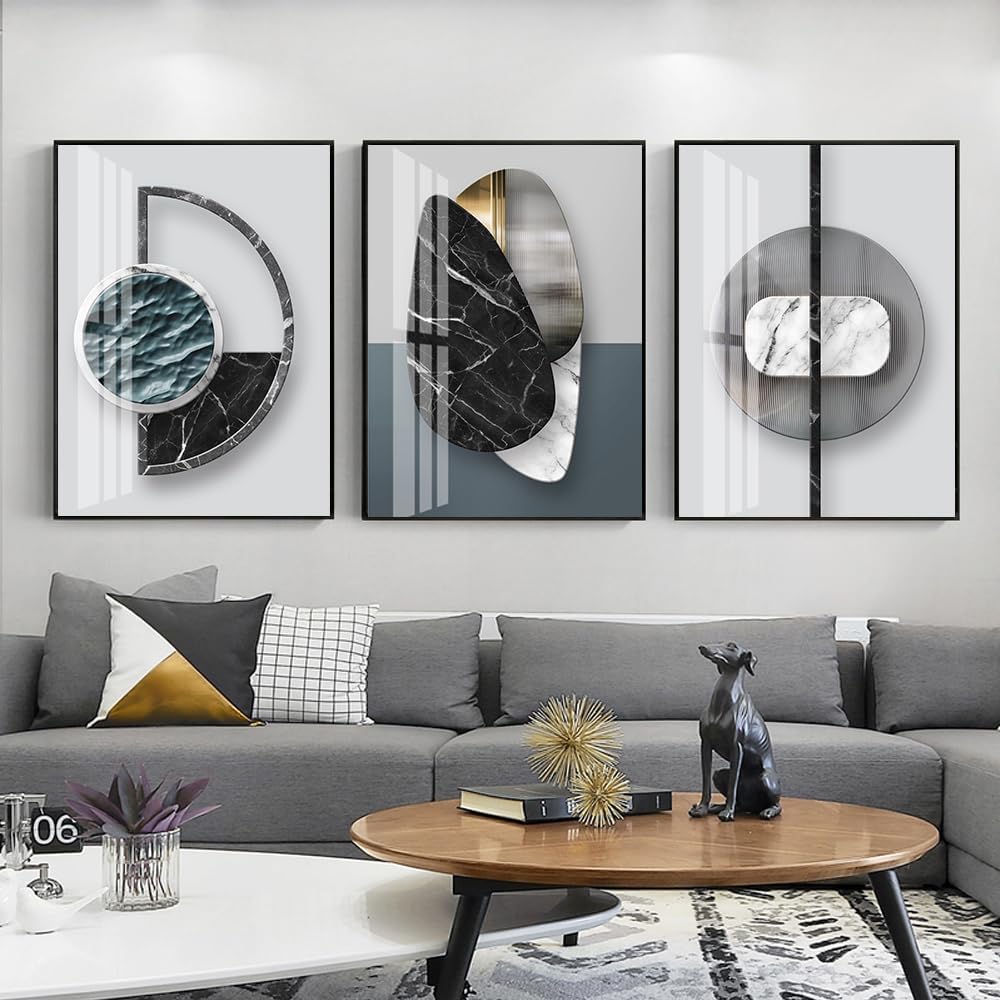 QKF 3Pcs Abstract Marble Geometric Crystal Surface Framed Canvas Wall Art
