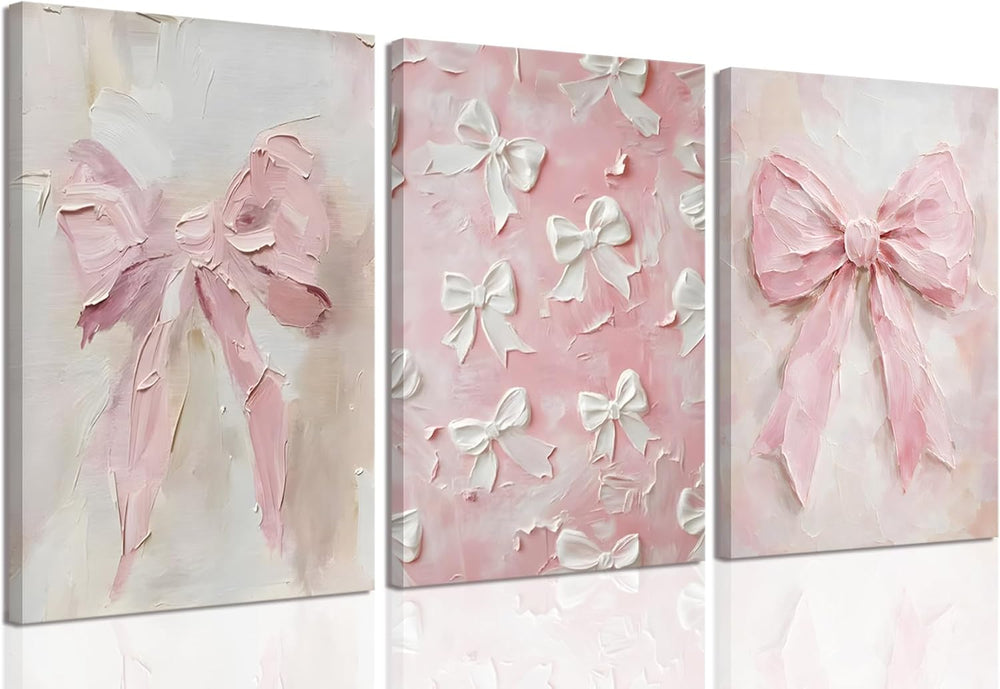 Pink Bow Canvas Wall Art Set of 3 Trendy Preppy Oil Painting Posters Wall Dec...
