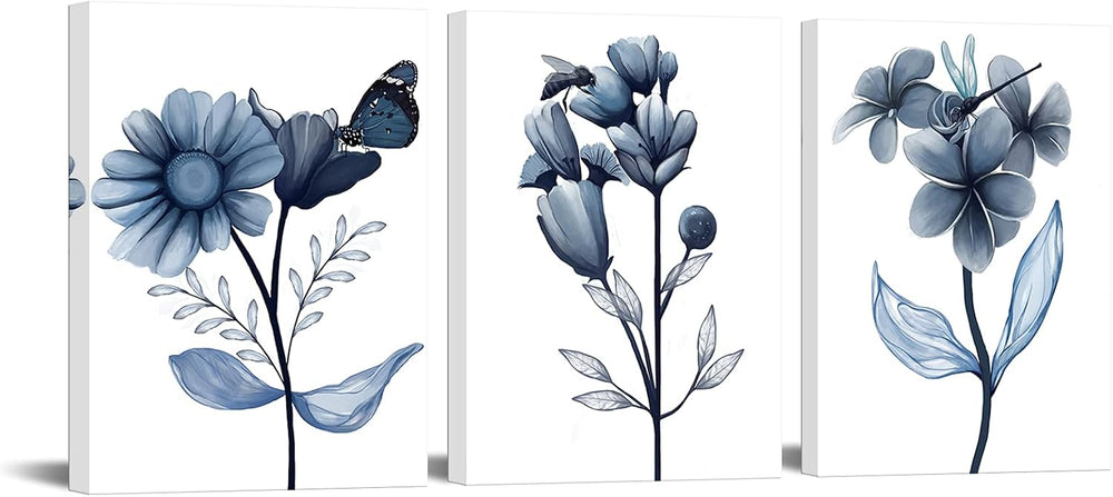 sechars Navy Blue Bathroom Wall Decor Blue Flower with Butterfly Picture Pain...