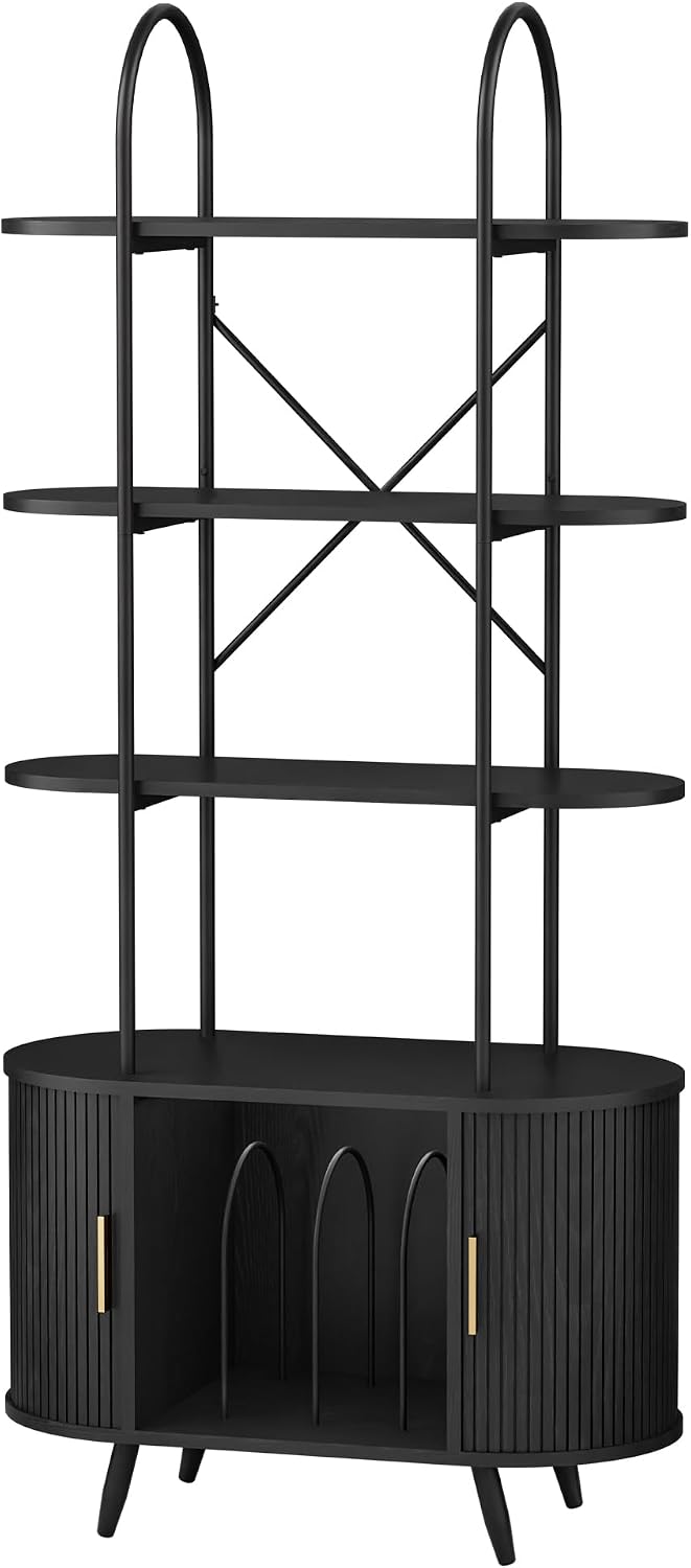Tall Vinyl Record Player Stand with Sliding Doors, 4 Tier Shelf, Black