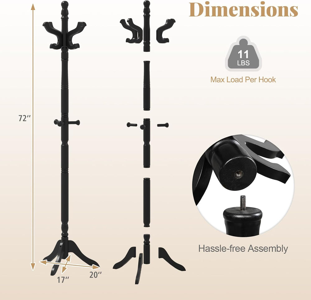 Tangkula Coat Rack Freestanding, Solid Rubber Wood Coat Tree with 11 Hooks an...